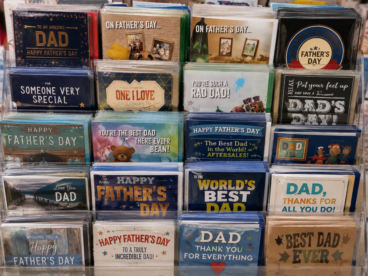 Wall of Father's Day greeting cards at From The Heart, South Benfleet